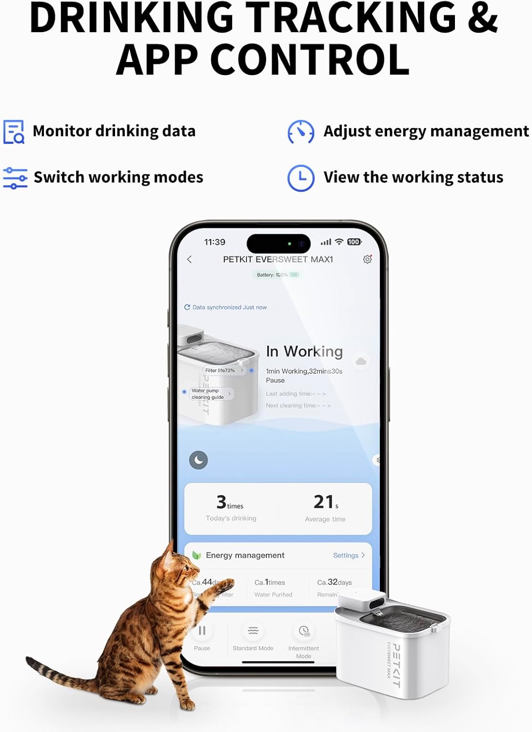 PETKIT Cat Water Fountain Battery Operated, EVERSWEET MAX, 3L Cordless Pet Water Fountain for Dog with Motion Sensor, App Control Automatic Cat Water Dispenser, 26dB Ultra Quiet, 83 Days Battery Life