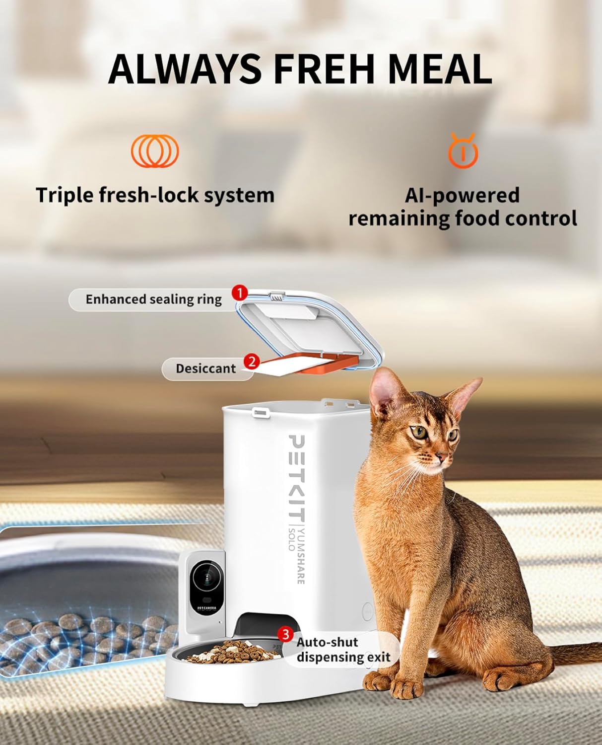 PETKIT Automatic Cat Feeder with Camera, 1080P HD Video with Night Vision, 2-Way Audio, 3L Auto Cat Feeder with Battery-Backup, Low Food & Blockage Sensor, App Control Cat Food Dispenser