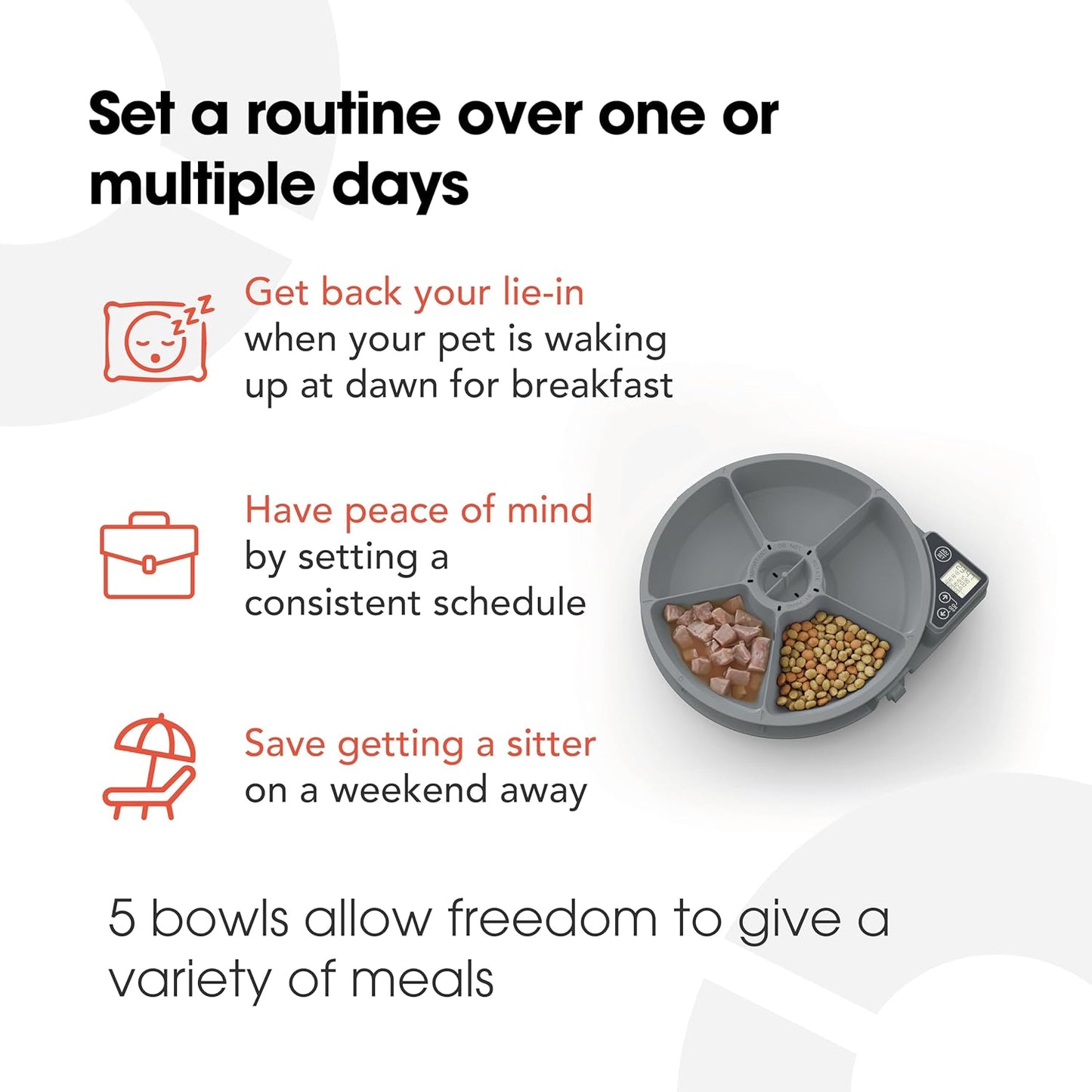 Cat Mate C500 Automatic 5 Bowl Pet Feeder with Digital Timer For Wet or Dry Pet Food, For Cats and Small Dogs, 5 Meals Up To 330g Each, with Twin Ice Packs for Food Freshness , White