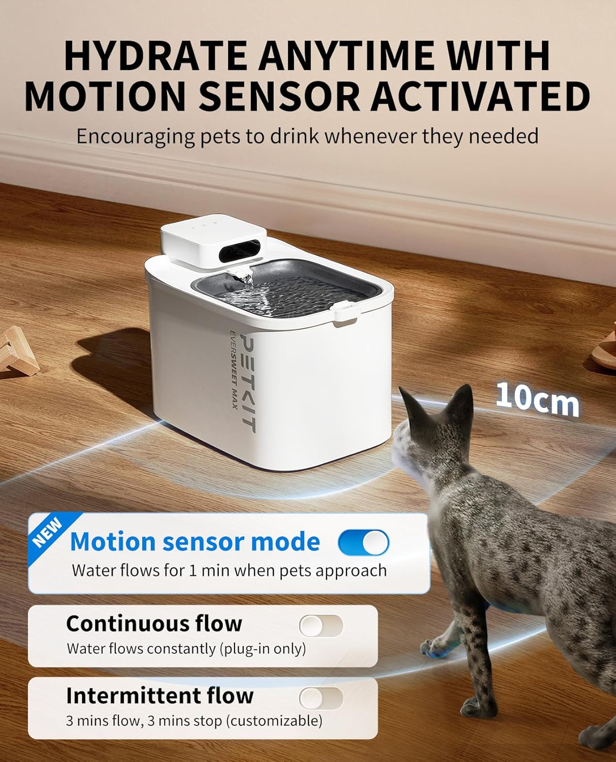 PETKIT Cat Water Fountain Battery Operated, EVERSWEET MAX, 3L Cordless Pet Water Fountain for Dog with Motion Sensor, App Control Automatic Cat Water Dispenser, 26dB Ultra Quiet, 83 Days Battery Life