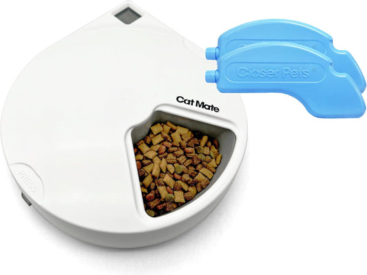Cat Mate C500 Automatic 5 Bowl Pet Feeder with Digital Timer For Wet or Dry Pet Food, For Cats and Small Dogs, 5 Meals Up To 330g Each, with Twin Ice Packs for Food Freshness , White