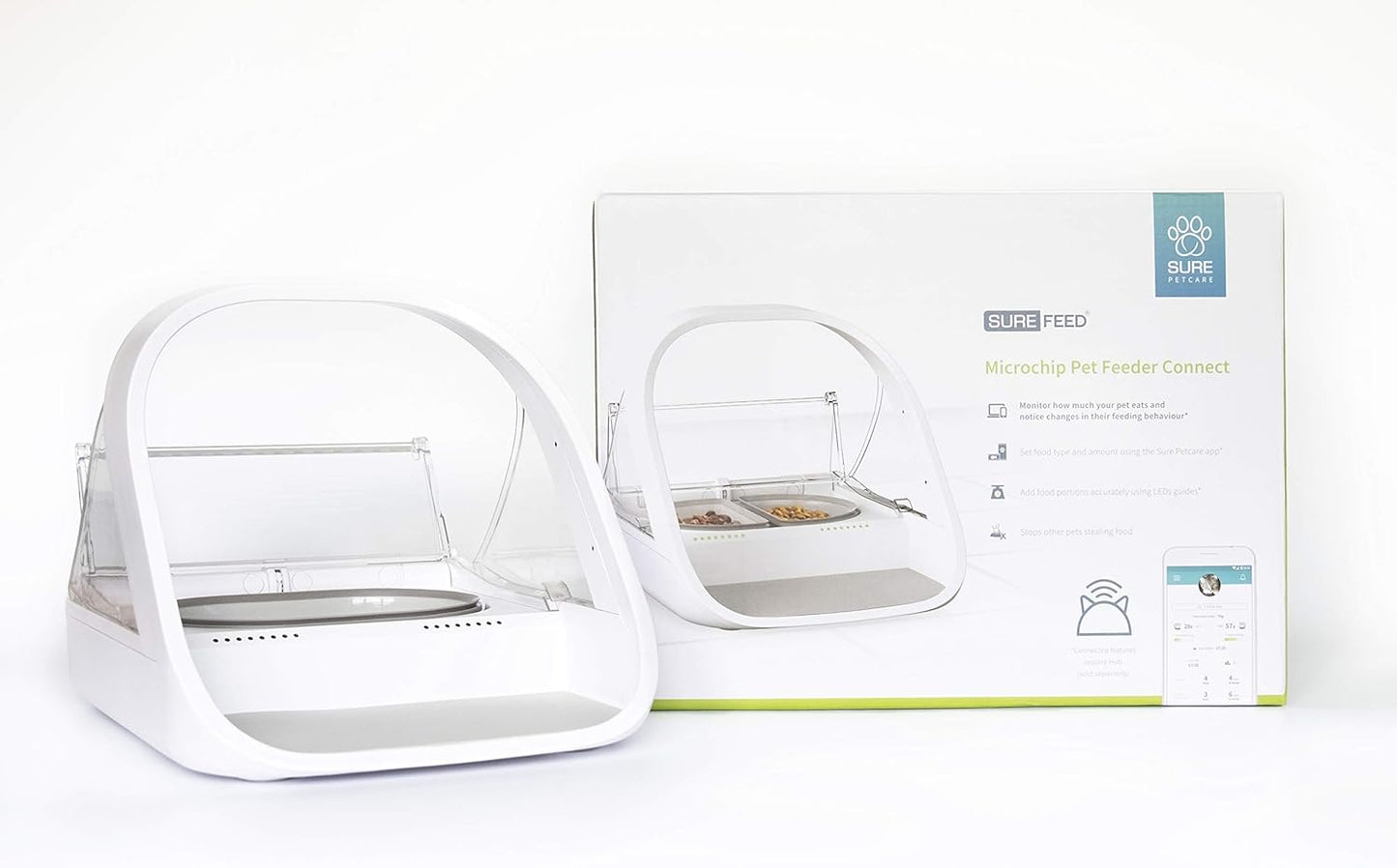 Sure Petcare SureFeed Microchip Pet Feeder Connect with Hub, RFID Collar Tags Compatible, Mobile App Control, for Wet and Dry Food, White, 4xC Cell Batteries Required, Not Included