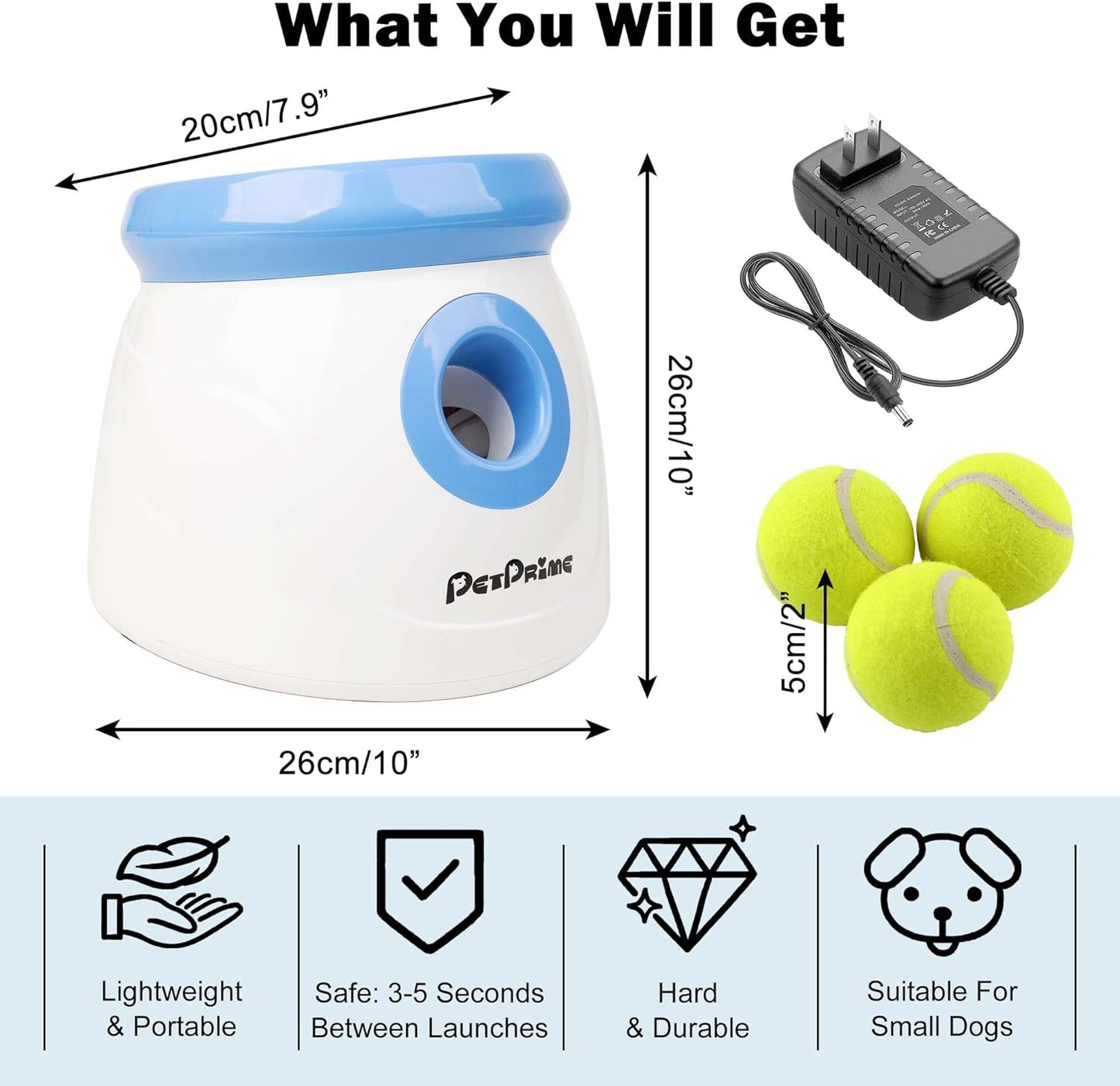 pet prime Automatic Dog Ball Launcher, Dog Ball Thrower with 10-30 Ft Throw Distance, Interactive Puppy Pet Fetch Toy, Mini Dog Ball Throwing Machine for Small Dogs, With 3 PCS 2" Tennis Balls