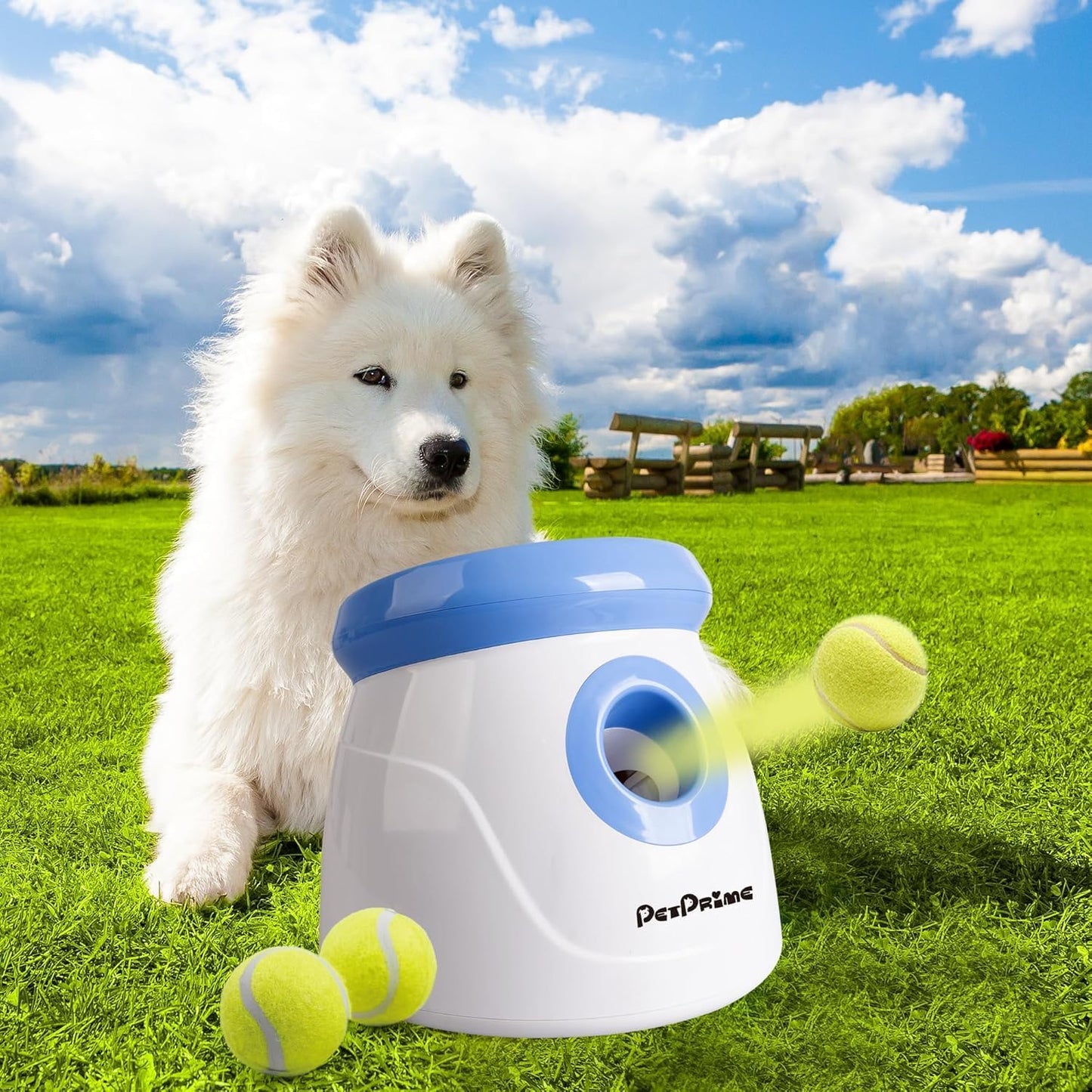 pet prime Automatic Dog Ball Launcher, Dog Ball Thrower with 10-30 Ft Throw Distance, Interactive Puppy Pet Fetch Toy, Mini Dog Ball Throwing Machine for Small Dogs, With 3 PCS 2" Tennis Balls